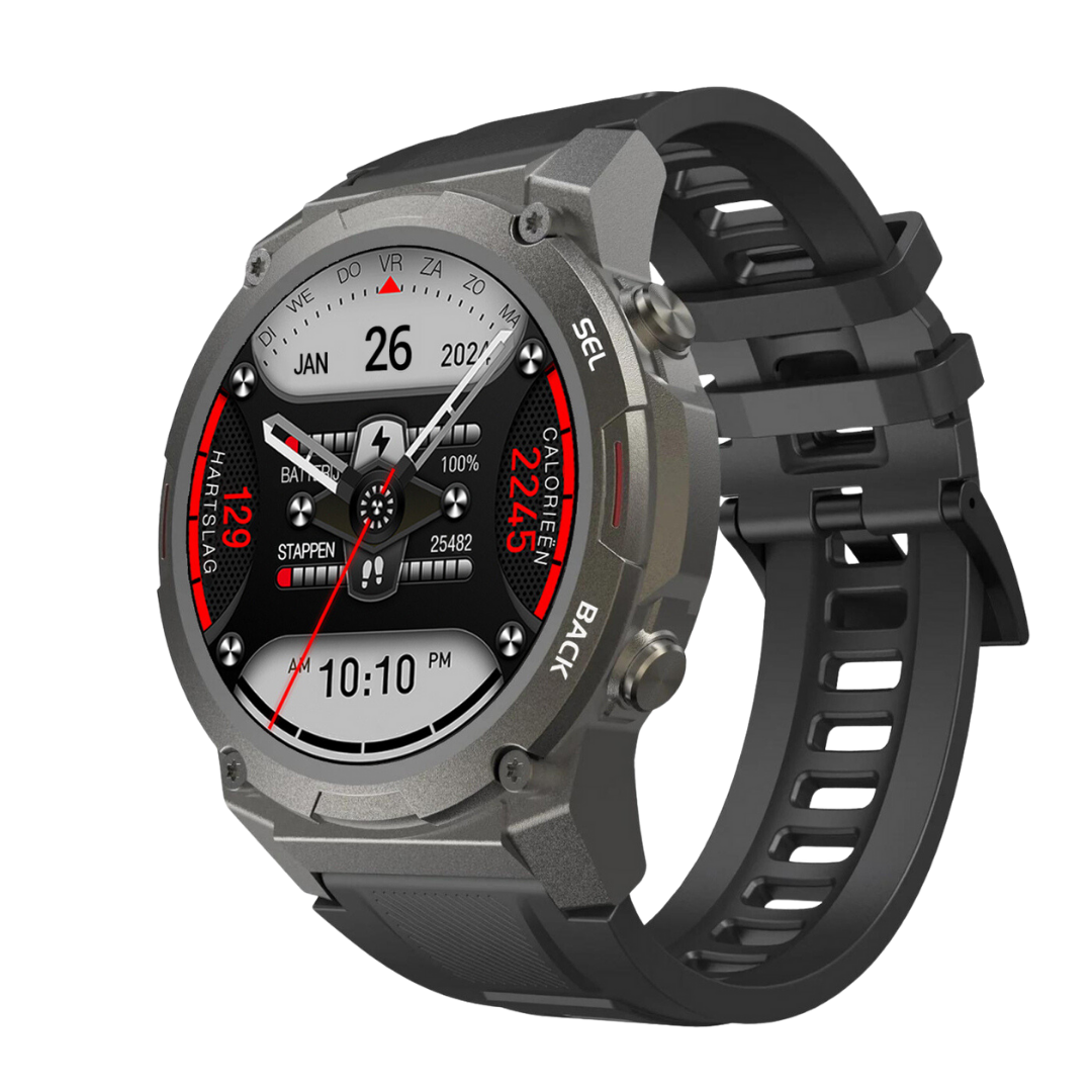 Silberne Smartwatch mit rundem Zifferblatt, Fitness-Tracker, schwarzes Armband, digital, modern.