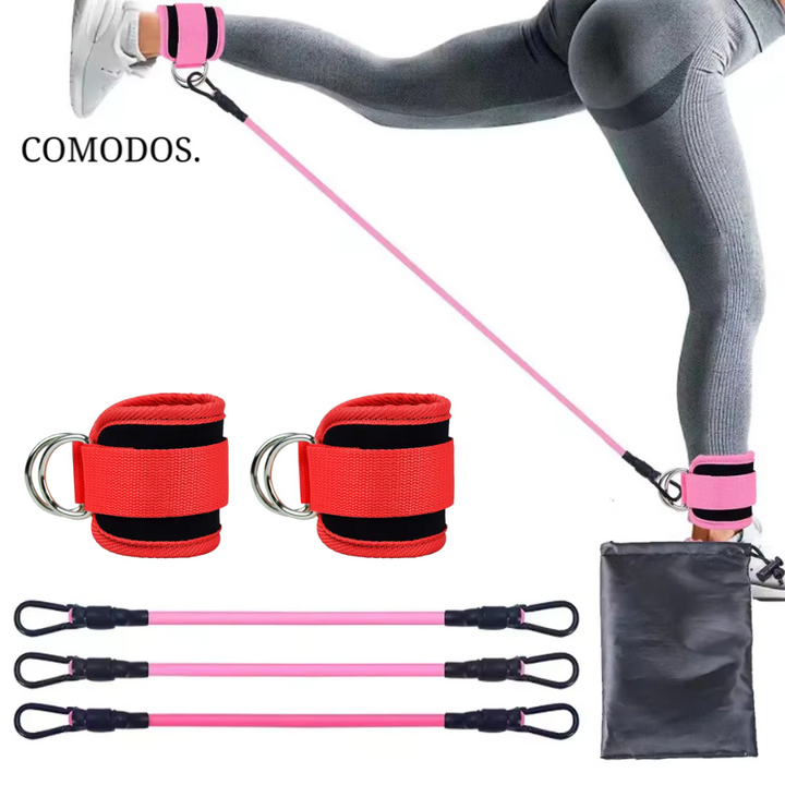 Rosa Fitness-Widerstandsband mit roten Knöchelriemen, ideal für Beintraining und Muskelaufbau.