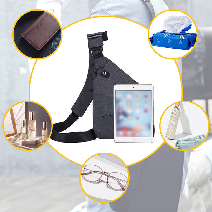 Schwarze Umhängetasche mit Tablet-Fach, ideal für Reisen, wasserdicht, stilvoll und praktisch.