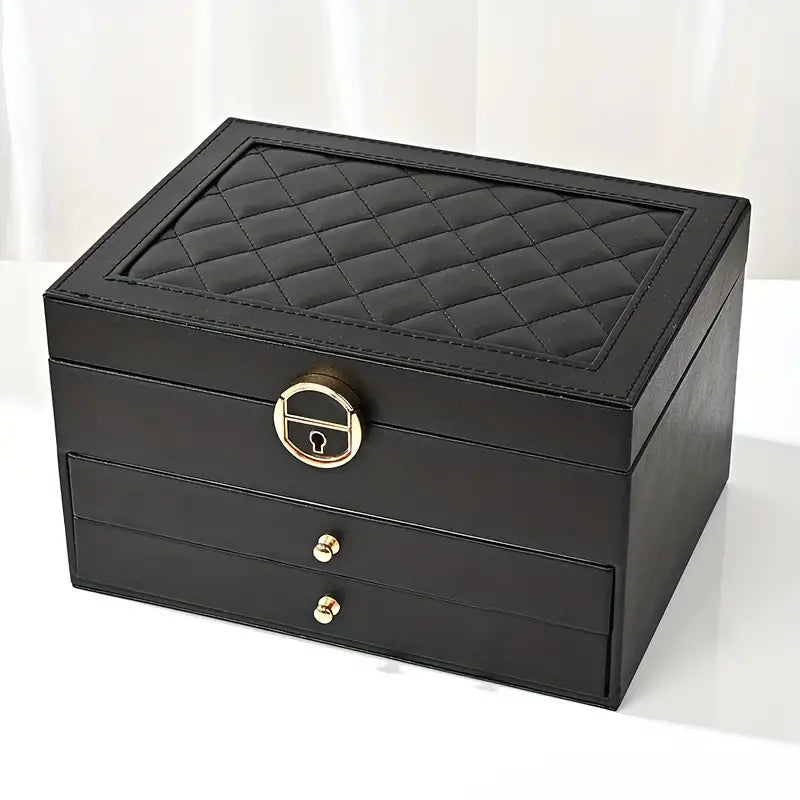 Schwarze Schmuckschatulle aus Leder mit Schloss, zwei Schubladen, gesteppter Deckel.