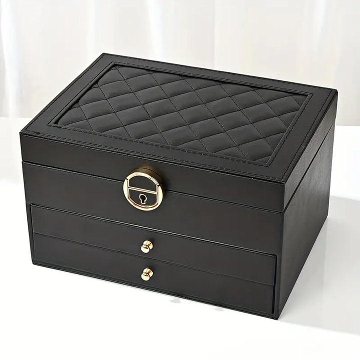 Schwarze Schmuckschatulle aus Leder mit Schloss, zwei Schubladen, gesteppter Deckel.