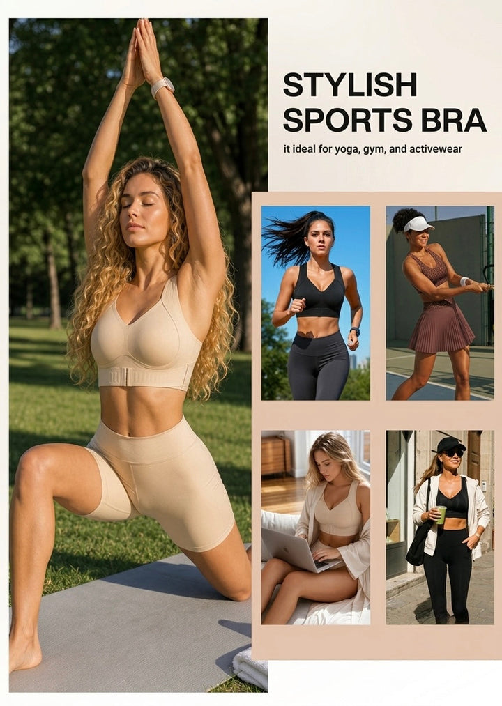 Koláž žen ve sportovních aktivitách, jóga, běh, tenis, práce na notebooku a procházka, v podprsenkách této řady. 9