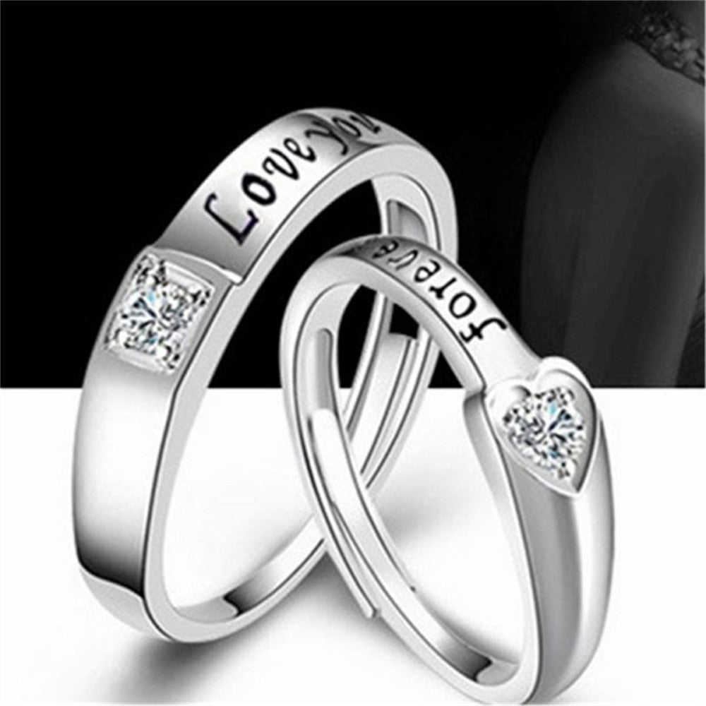 Silberne Partnerringe mit Gravur "Love You", Herz- und Quadrat-Diamant, Verlobungsringe.