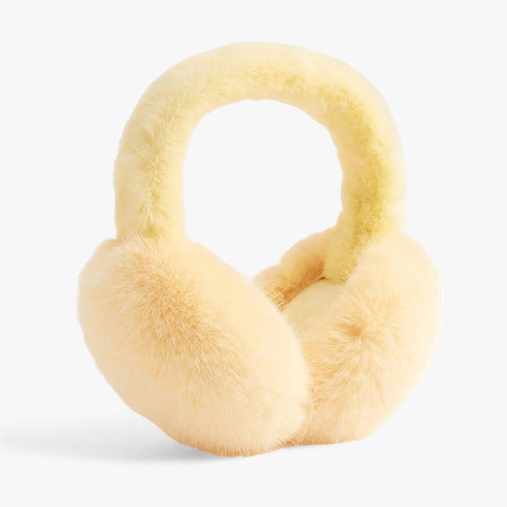 Gelbe flauschige Ohrenschützer, Winteraccessoire, warm, weich, modisch, Damenmode.