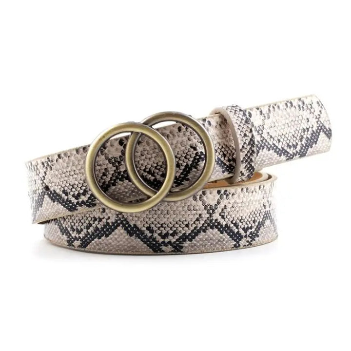 Schlangenledergürtel mit Doppelring-Schnalle, beige-schwarz, modisch, Damenaccessoire