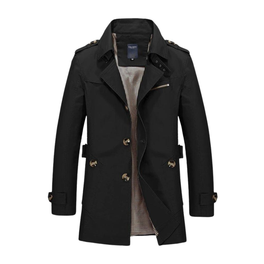 Schwarzer Herren-Trenchcoat, zweireihig, klassisches Design, Herbstmode, eleganter Mantel.