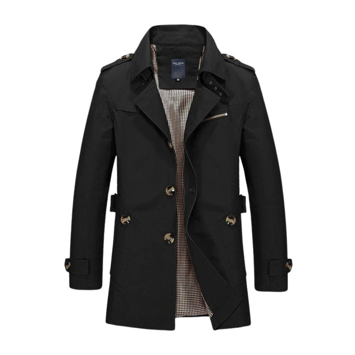 Schwarzer Herren-Trenchcoat, zweireihig, klassisches Design, Herbstmode, eleganter Mantel.