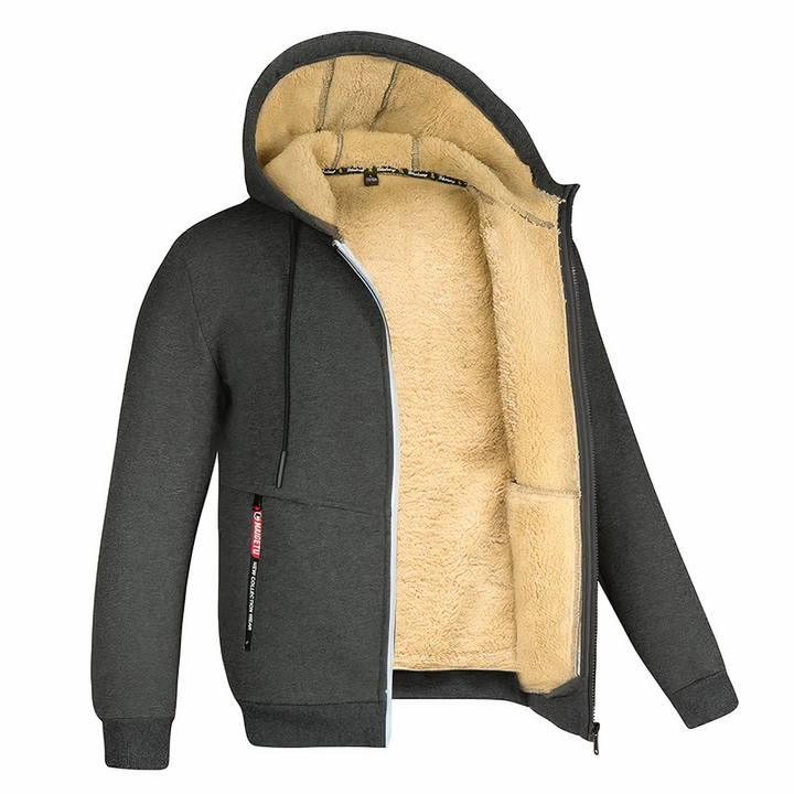 Dunkelgraue Herren-Fleecejacke mit Kapuze, Reißverschluss und beigem Innenfutter.