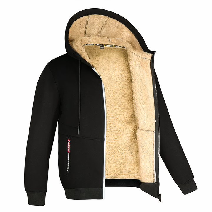 Schwarze Herrenjacke mit Kapuze, Teddyfutter, Reißverschluss, warm, modisch, Winterbekleidung.