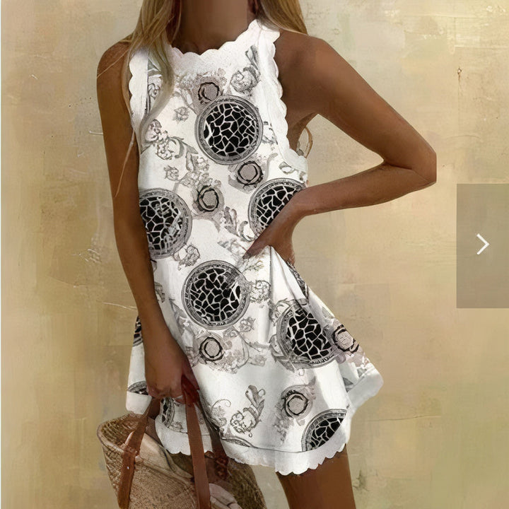 Weißes ärmelloses Sommerkleid mit schwarzem Muster, Damenmode, lässig, elegant.