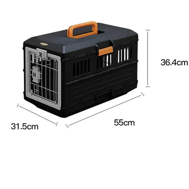 Schwarze faltbare Haustiertransportbox, Hartschale, 55x31,5x36,4 cm, mit Tragegriff.