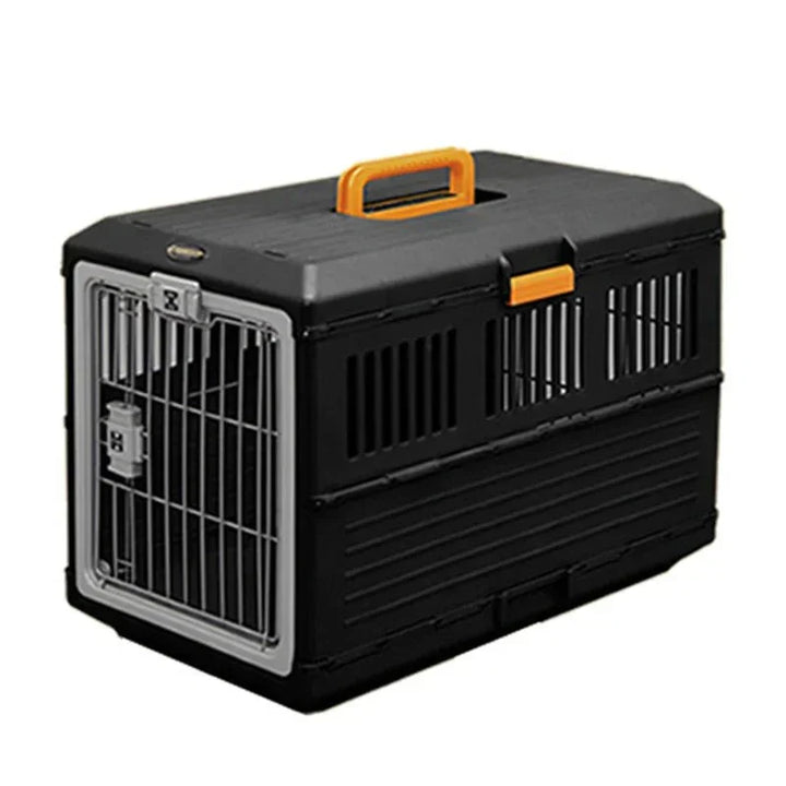 Schwarze faltbare Haustiertransportbox mit orangefarbenem Griff, robustes Design für Hunde und Katzen.