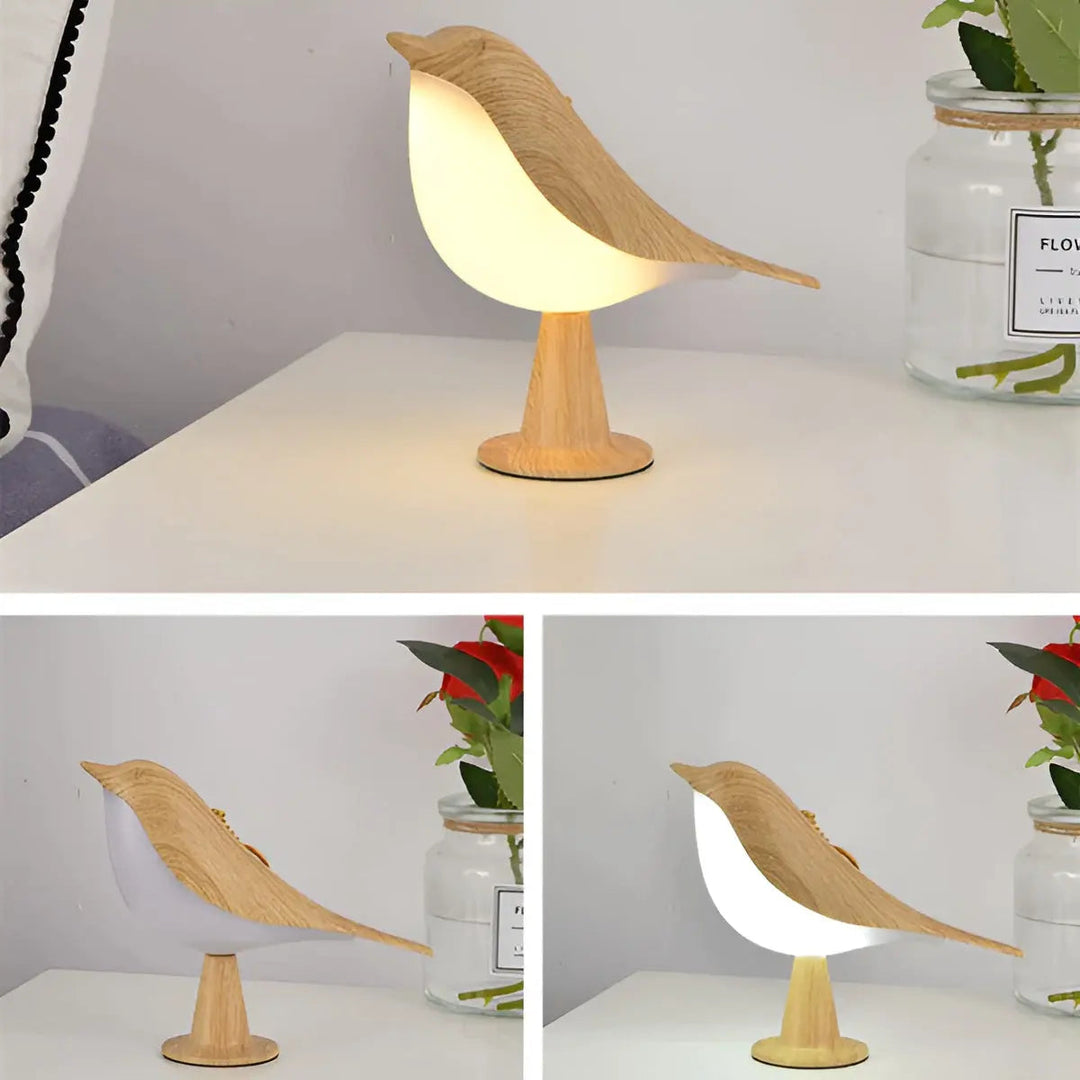 Holz-Vogel-Tischlampe, LED, warmweiß, dekorativ, modernes Design, Schlafzimmer, Wohnzimmer.