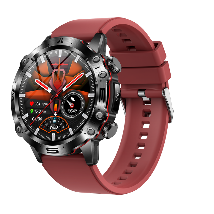 Rote Smartwatch mit Metallgehäuse, Fitness-Tracker, Herzfrequenzmesser, GPS, rundes Display.