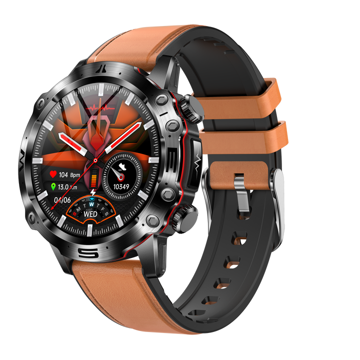 Smartwatch mit braunem Lederarmband, Edelstahlgehäuse, Fitness-Tracker, Herzfrequenzanzeige.