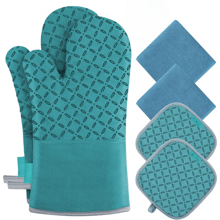 Türkise Ofenhandschuhe und Topflappen-Set, rutschfest, hitzebeständig, Küche Zubehör.