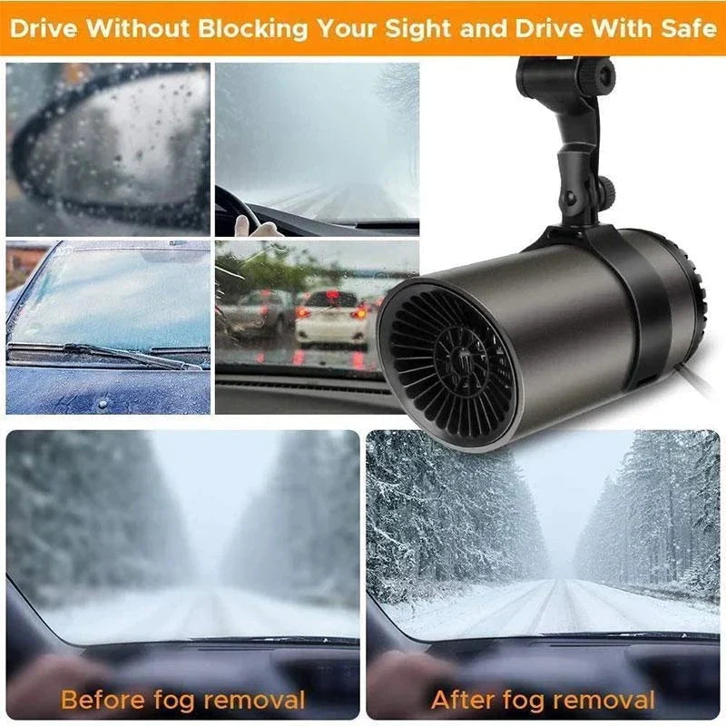 Auto-Heizlüfter für Windschutzscheibe, schwarz, kompakt, verhindert Beschlagen, sicheres Fahren.