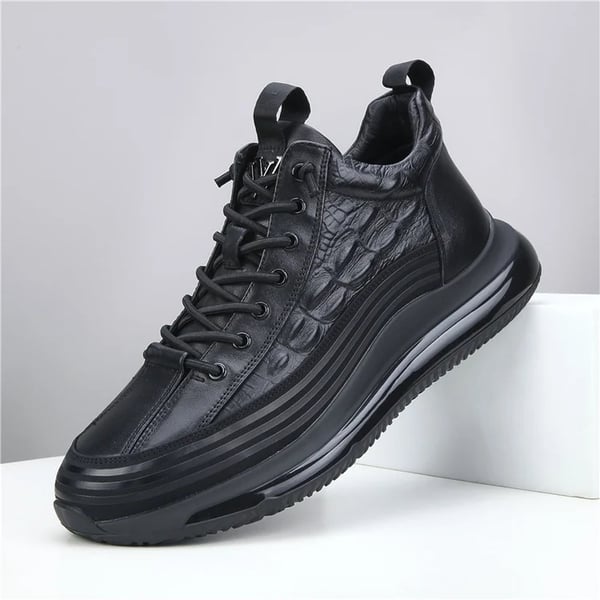 Schwarze Air-Cushion-Sneaker, Lederoptik, rutschfeste Sohle, modische Herrenschuhe.