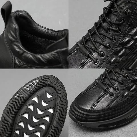 Schwarze Air-Cushion-Sneaker, Lederoptik, rutschfeste Sohle, modisch und bequem.