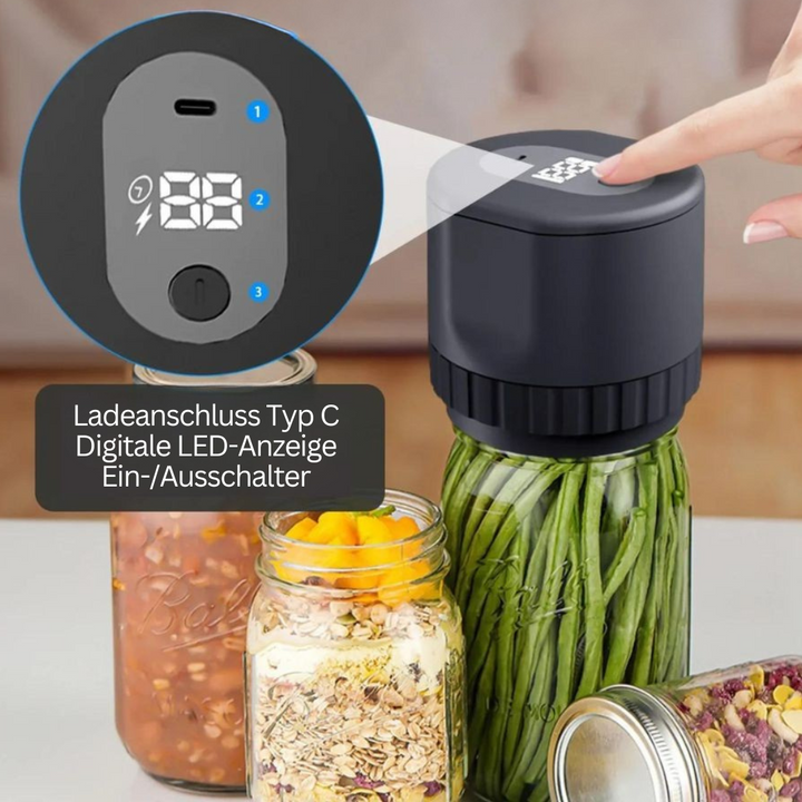 Schwarzer Vakuumierer mit digitaler LED-Anzeige auf Einmachglas, Typ-C-Anschluss.