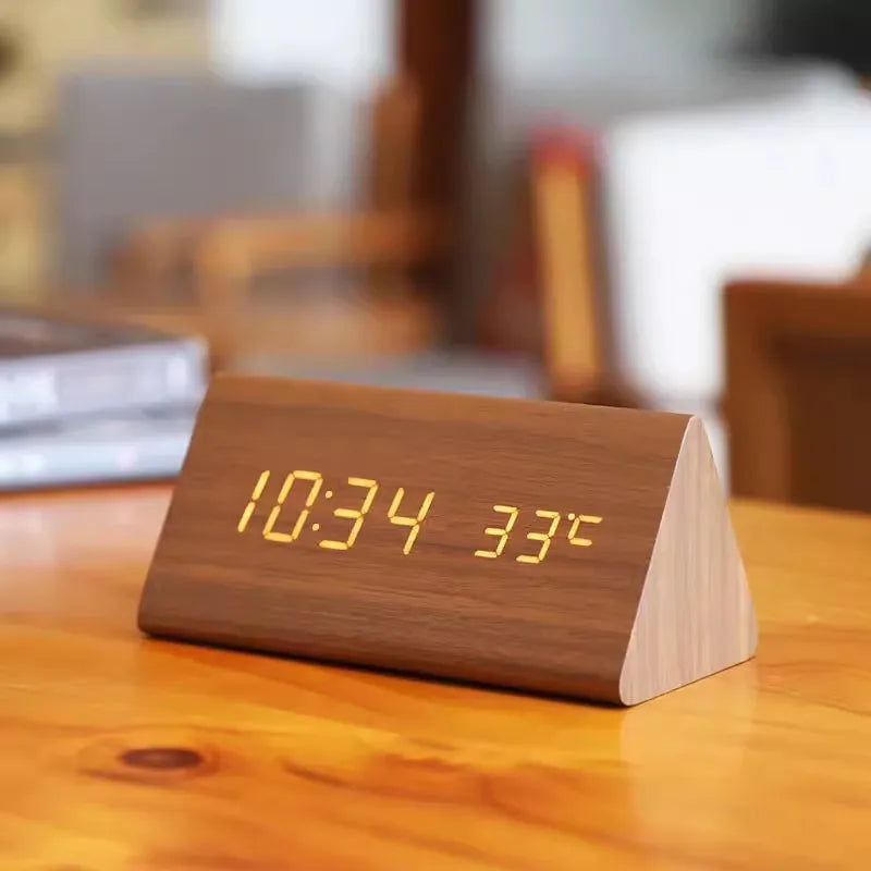 Holz-Wecker mit LED-Anzeige, Temperaturanzeige, ideal für Schlafzimmer, Nachttisch, modernes Design.