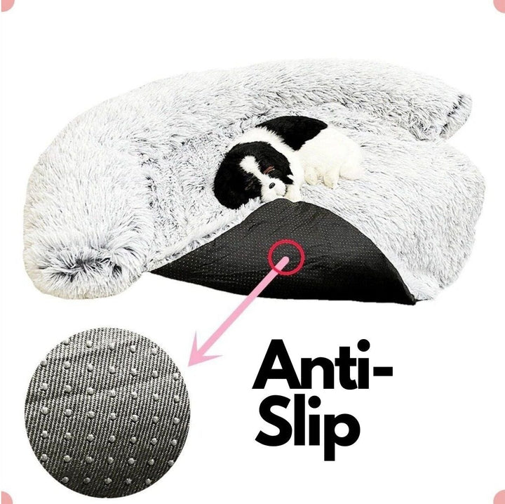 Graues, rutschfestes Hundebett mit Anti-Rutsch-Boden und Hund, flauschig, bequem.