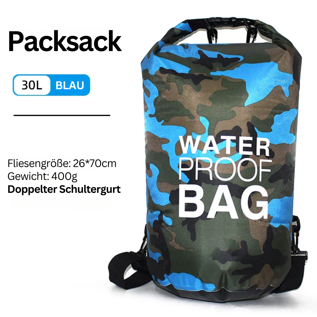 Wasserdichter Packsack 30L, blau, Camouflage-Design, doppelte Schultergurte, 400g.