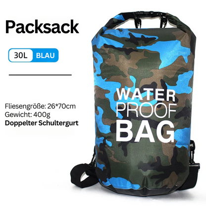 Wasserdichter Packsack 30L, blau, Camouflage-Design, doppelte Schultergurte, 400g.
