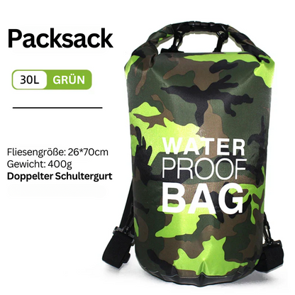 Wasserdichter Packsack 30L, grün, Camouflage, doppelter Schultergurt, 26x70cm, 400g.
