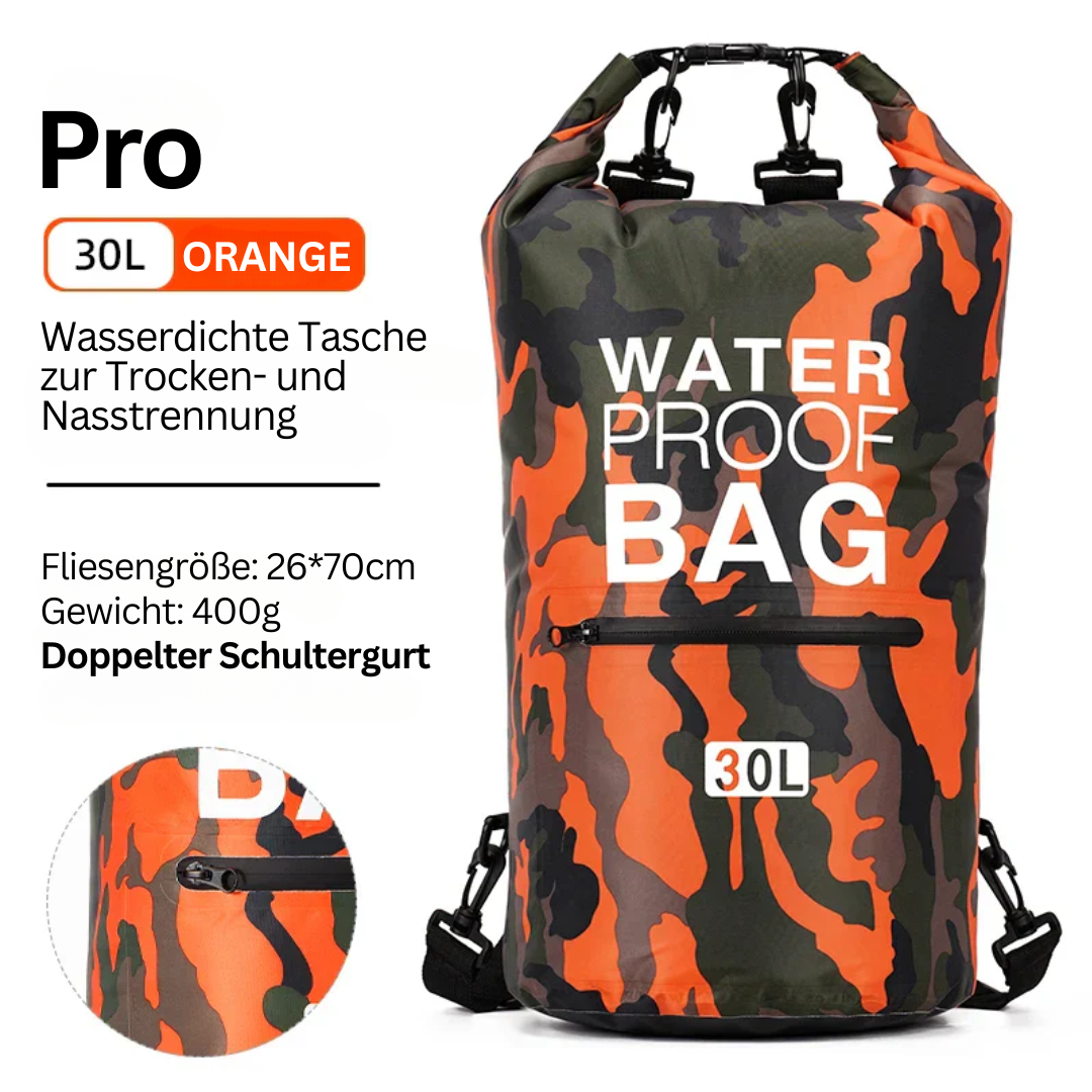 Wasserdichte Tasche, 30L, orange Camouflage, doppelte Schultergurte, für Trocken- und Nassaufbewahrung.