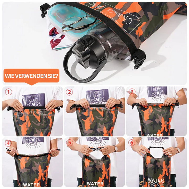 Wasserdichter Camouflage-Trockenbeutel, ideal für Outdoor-Aktivitäten und Reisen.