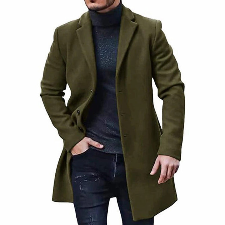 Herrenmantel Armeegrün, eleganter Wollmantel, Wintermode, klassischer Stil, Herrenbekleidung