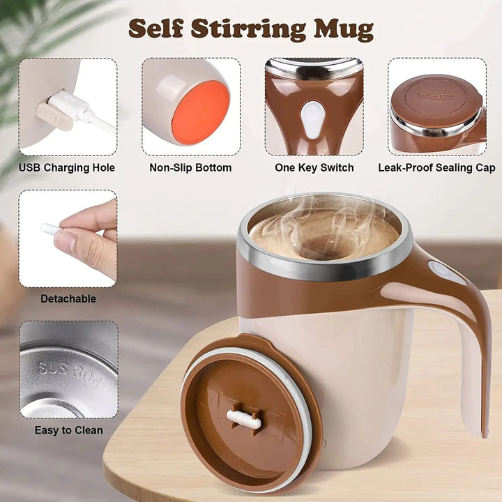 Elektrischer Rührbecher, Edelstahl, USB-aufladbar, selbstmischend, braun, Kaffeetasse.