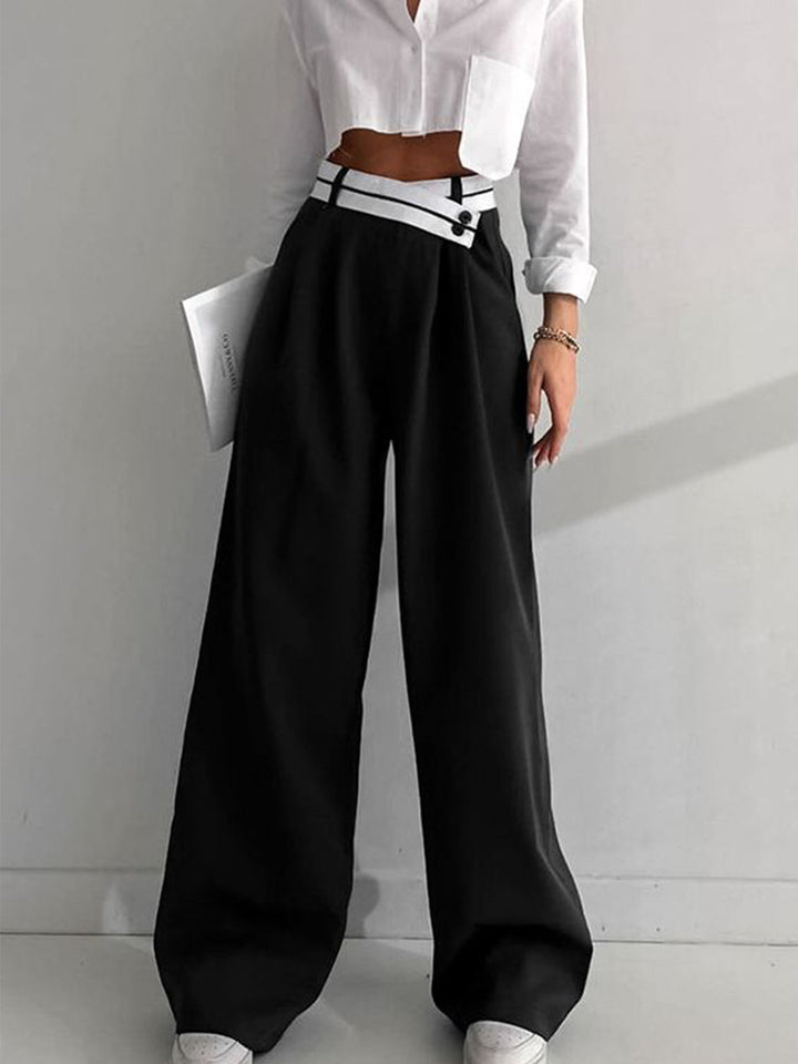 Damenhose schwarz, weites Bein, hoher Bund, modisch, elegant, Büro-Outfit, Baumwolle.