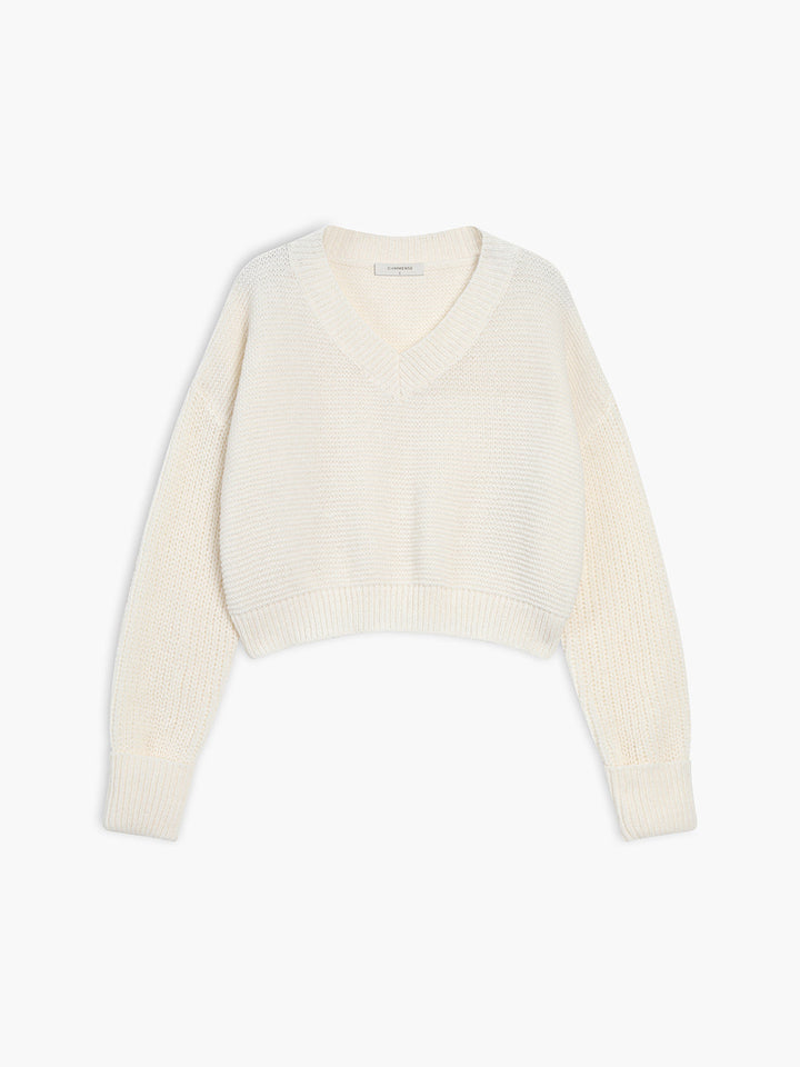 Weißer Damenpullover, V-Ausschnitt, Strick, langärmelig, modisch, bequem, elegant.
