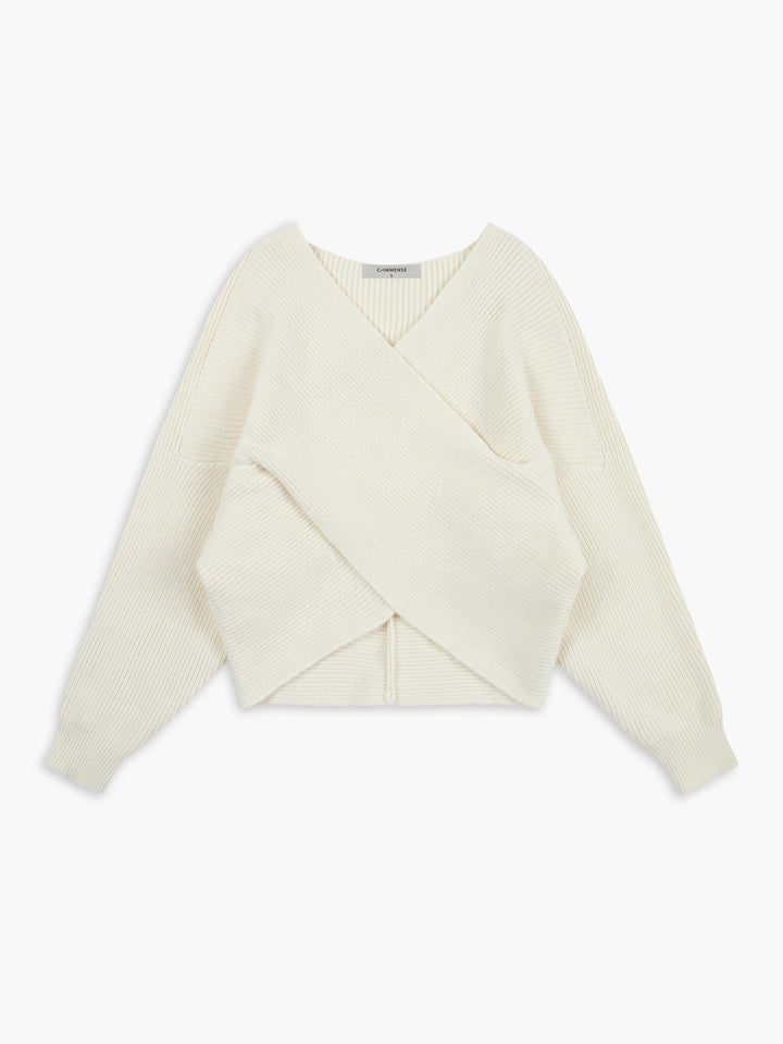 Weißer Strickpullover Damen, V-Ausschnitt, überkreuztes Design, modisch, bequem, Herbstmode