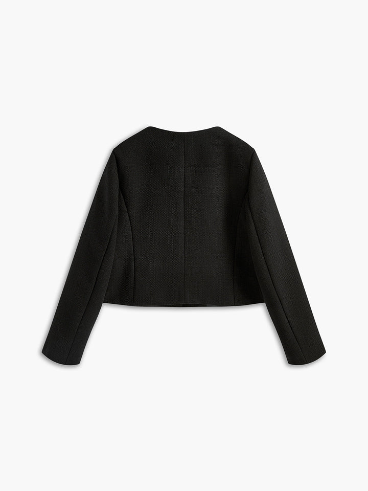 Schwarze Damenjacke, elegant, langärmelig, aus Baumwolle, Rückansicht, modisch, klassisch.