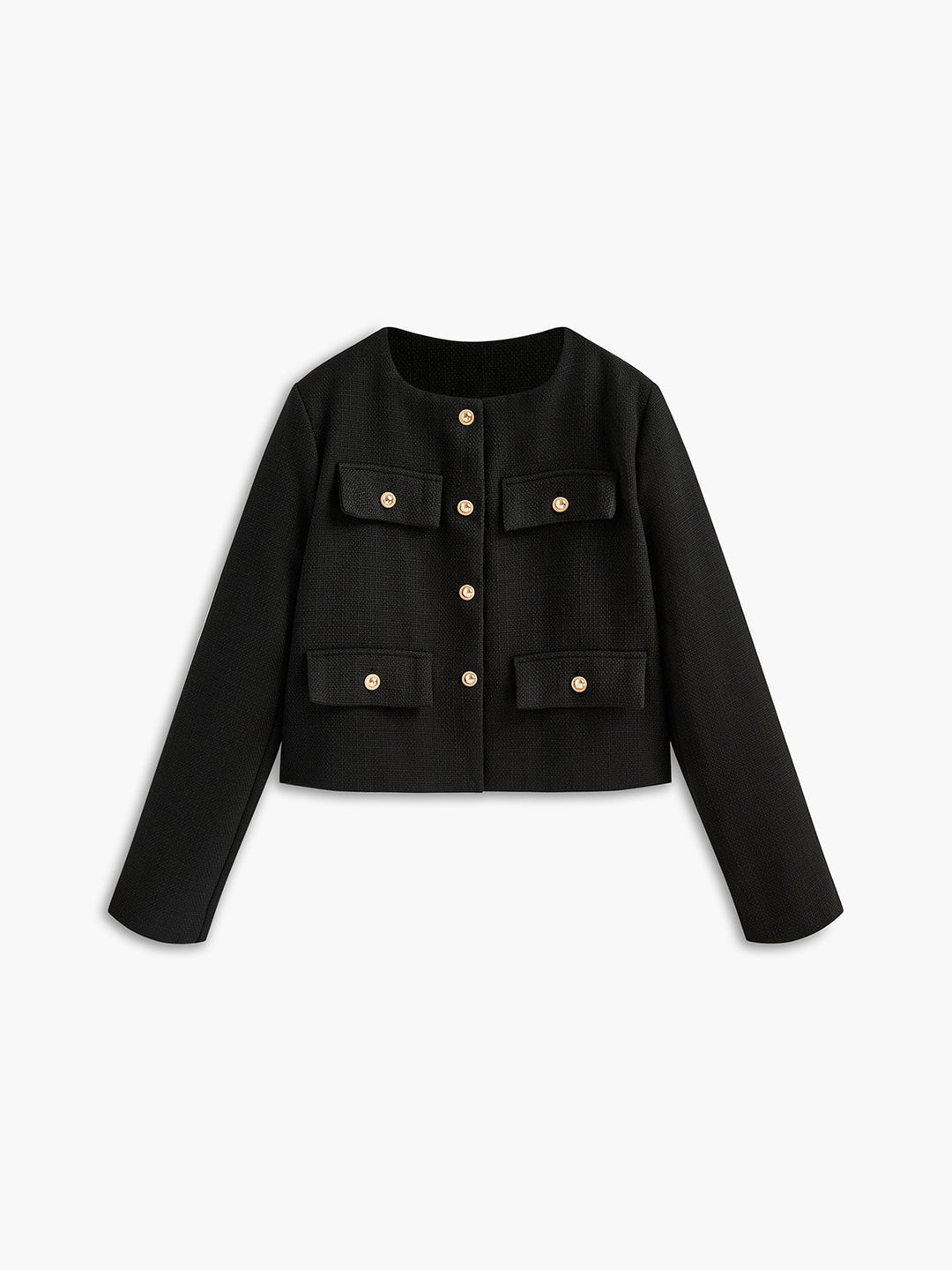 Schwarze Damenjacke mit goldenen Knöpfen, elegantes Design, vier Taschen, Herbstmode.