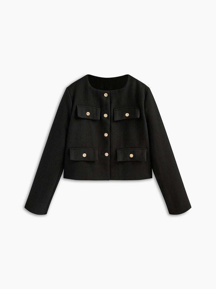 Schwarze Damenjacke mit goldenen Knöpfen, elegantes Design, vier Taschen, Herbstmode.