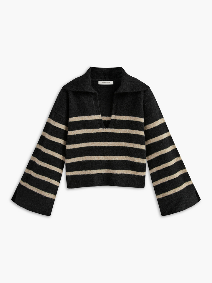 Schwarzer gestreifter Pullover, V-Ausschnitt, lange Ärmel, Damenmode, Strick, elegant.