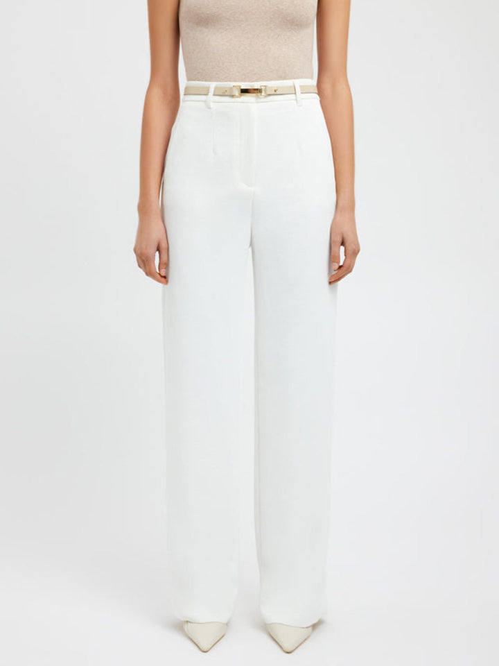 Damen weiße Leinenhose, hohe Taille, elegantes Design, Sommermode, mit Gürtel.