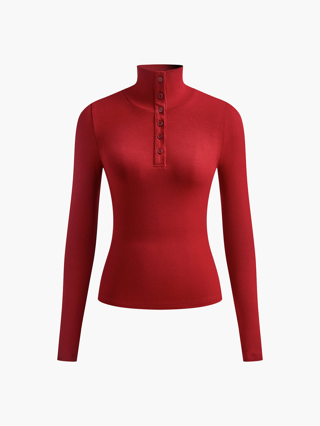 Roter Damenpullover mit Stehkragen, Langarm, Knopfleiste, elegantes Design, Baumwolle.