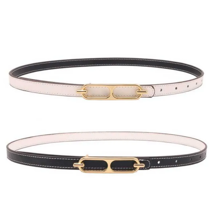 Schwarzer und weißer Ledergürtel mit goldener Schnalle, modisches Accessoire, Damenmode.