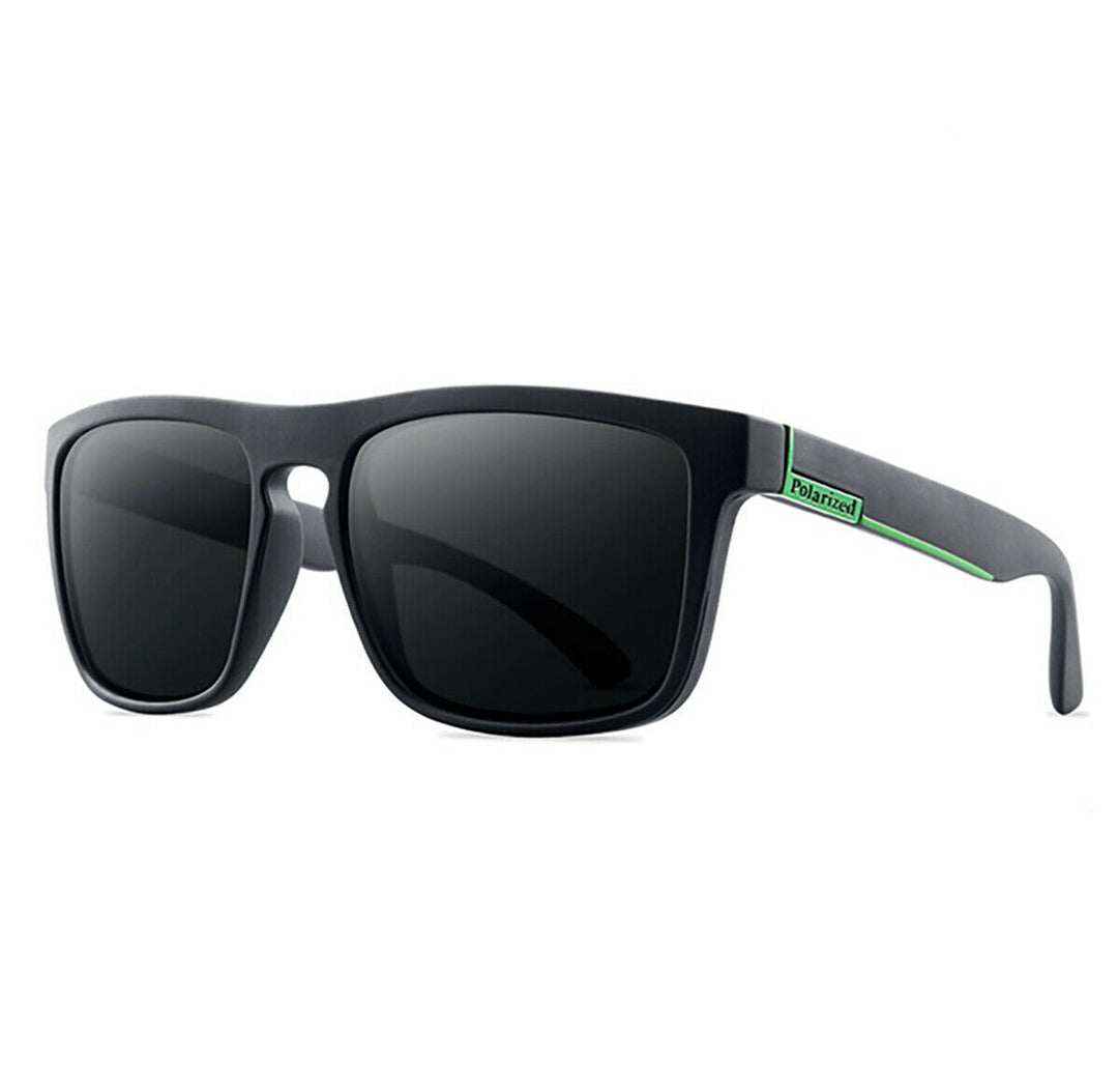 Schwarze Sonnenbrille mit grünen Akzenten, polarisiert, Unisex, modisch, UV-Schutz.
