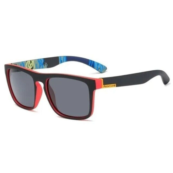 Schwarze und rote polarisierte Sonnenbrille, rechteckig, Unisex, modisch, UV-Schutz.