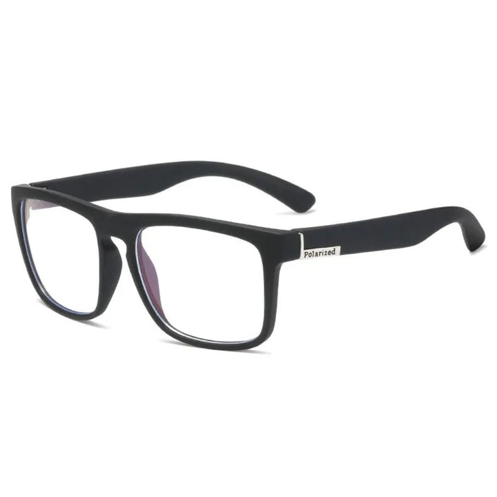 Schwarze, rechteckige Polarisationsbrille aus Kunststoff für Herren und Damen.