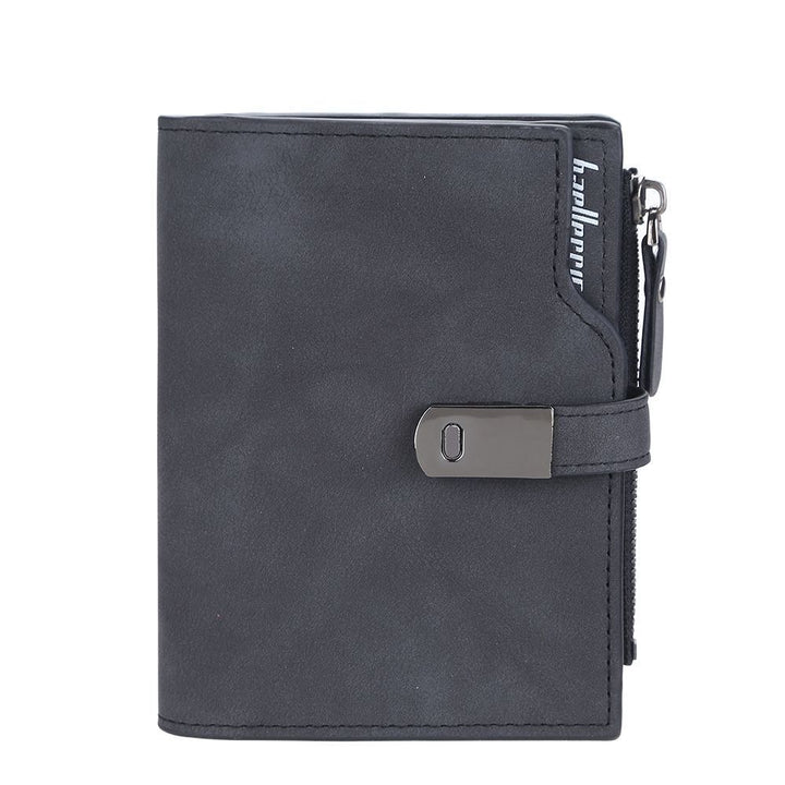 Schwarze Herren-Geldbörse aus Leder mit Reißverschluss und Schnalle, elegant und funktional.