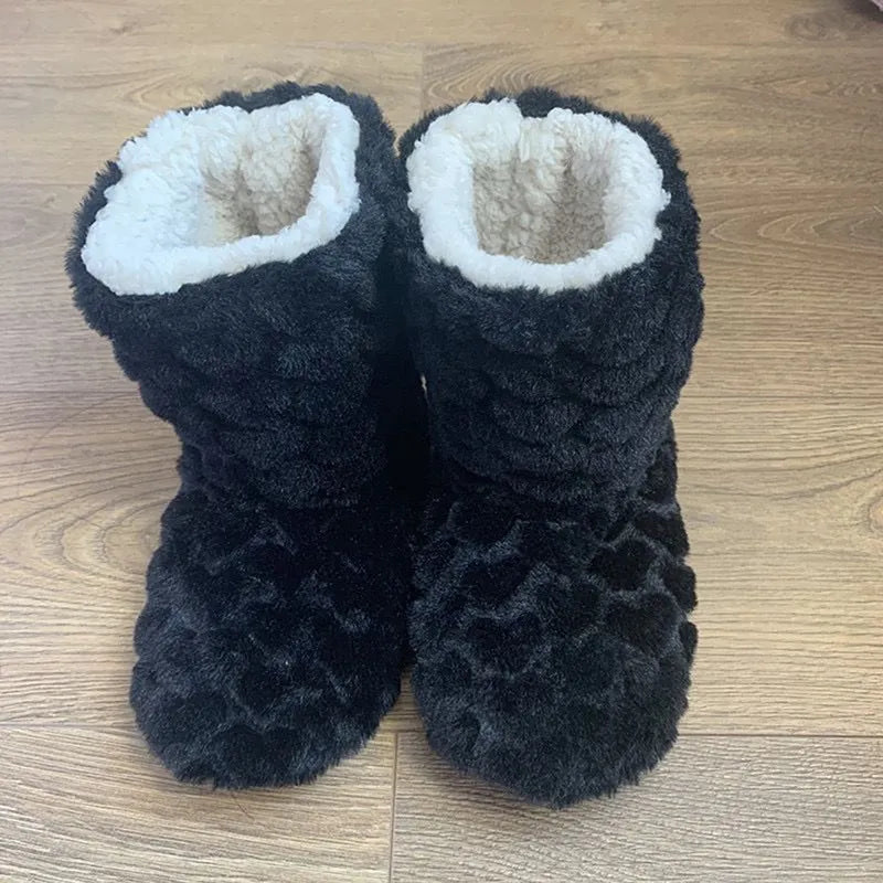 Schwarze Plüsch-Hausschuhe mit weißem Futter, rutschfest, warm, gemütlich, Damenmode.