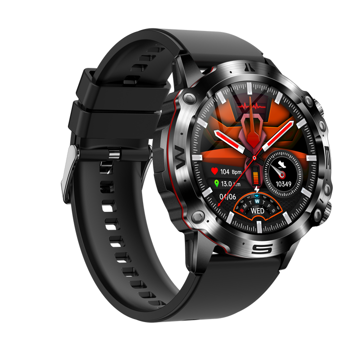 Schwarze Smartwatch mit Edelstahlgehäuse, Herzfrequenzmesser, Fitness-Tracker, rundes Display.