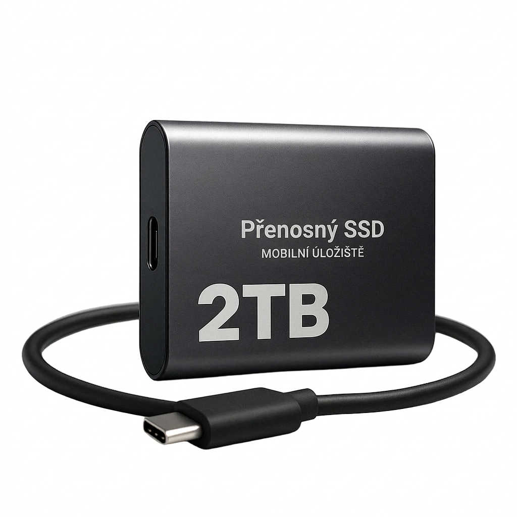 Černý kovový SSD disk s kabelem USB-C stočeným kolem na bílém pozadí 1